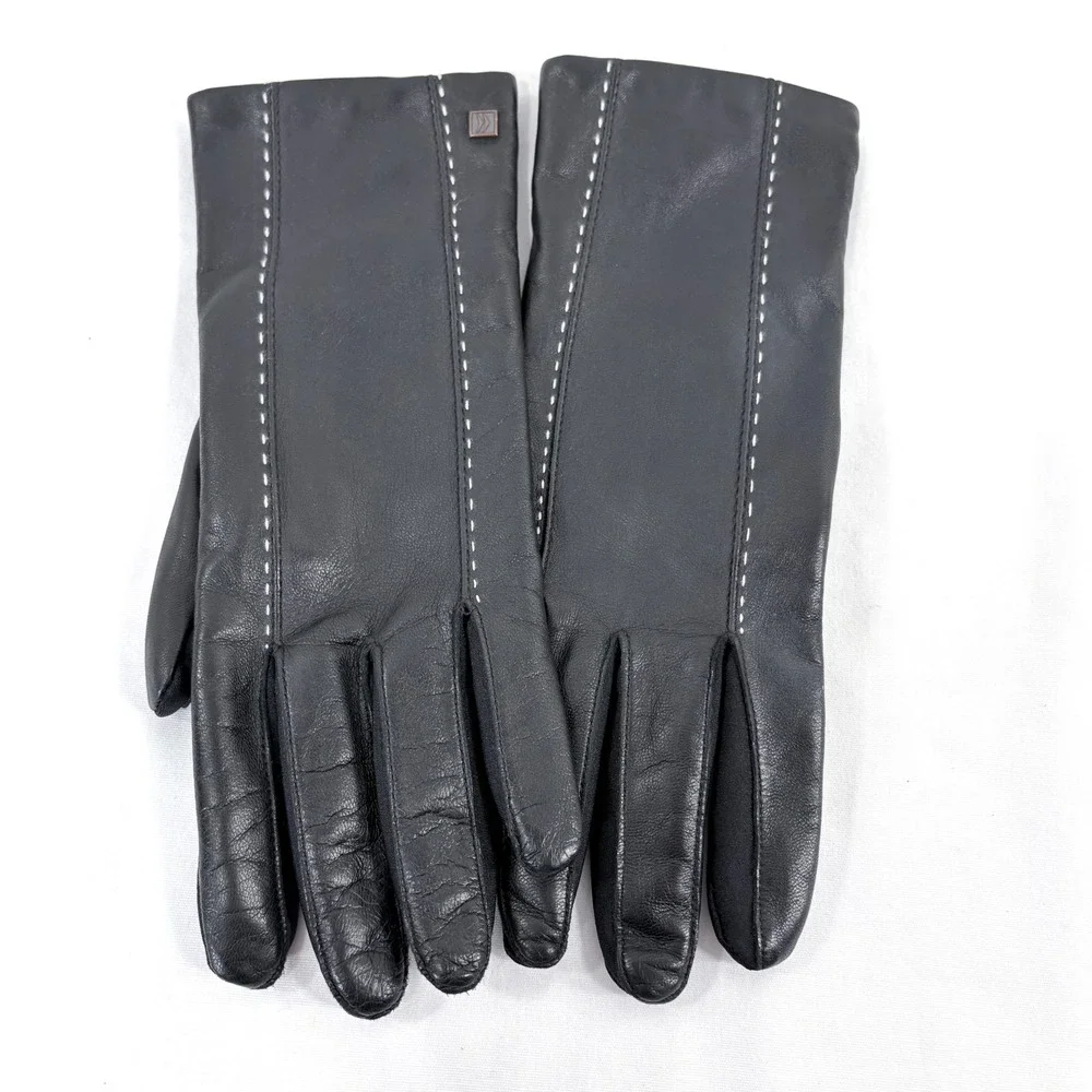 Aris Isotoner Gloves Black Leather Spandex Contrast Stitch Style 60409 Womens ML